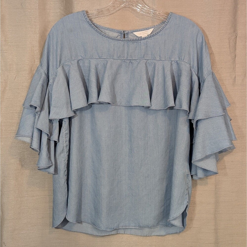 Lauren Conrad Top Women's Small Blue Denim Chambray Ruffle Sleeve Cottagecore